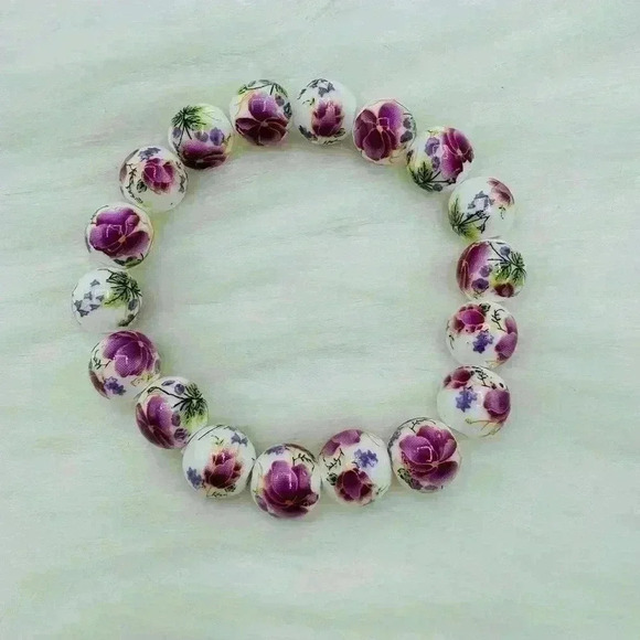 Chinese-Style Ceramic Floral Beaded Stretch Bracelet - Picture 2 of 6